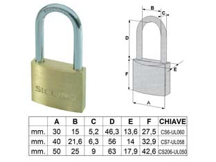 Lucchetto ottone arco lungo - mm.50 - corpo in ottone lucido, arco in acciaio temperato cromato, dotazione 3 chiavi