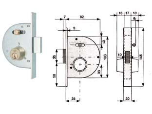 Serratura infil. canc. catenaccio e scr. c/nottolino cil. fissi 255 - mm.35 con catenaccio prolungato (255 35 1) - scatola e frontale in acciaio zincato, catenaccio con scrocco incorporato e pomolino in acciaio a 1 mandata, con coppia di ci...