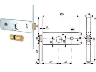 Serratura infilare per fasce catenaccio 2 mandate e scr. mm.44 h 801 - mm.60 (801.60.1) - in acciaio zincato, con scatola e frontale da mm.16, catenaccio a 2 mandate con scrocco incorporato in ottone con richiamo tr...