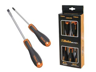 Giravite in serie pz.5 art.1203e/d5 - lama in acciaio temperato cromato con punta nera, impugnatura bimateriale in polipropilene, duro e resistente di colore aranc...