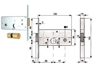 Serratura infilare per fasce catenaccio 2 mandate e scr. mm.64 h 805 - mm.60 (805.60.1) - in acciaio zincato, con scatola e frontale da mm.16, catenaccio a 2 mandate con scrocco incorporato in ottone con richiamo tr...