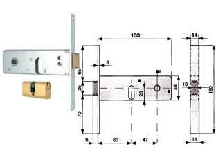 Serratura infilare per fasce catenaccio 2 mandate e scr. mm.44 h 800 - mm.60 (800.60.1) - in acciaio zincato, con scatola e frontale da mm.16, catenaccio a 2 mandate con scrocco incorporato in ottone con richiamo tr...