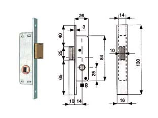 Serratura da infilare per montanti solo scrocco 901 - mm.14 (901.14.1) - scatola in acciaio zincato con frontale da mm.16, solo scrocco in ottone, quadro maniglia passante