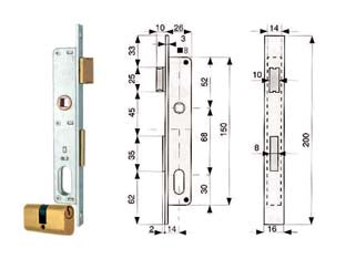 Serratura infilare per montanti catenaccio e scrocco con cilindro 911 - mm.14 (911.14.1) - scatola e frontale da mm.16 in acciaio zincato, catenaccio a 1 mandata e scrocco separato in ottone, quadro maniglia passante...