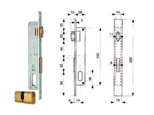 Serratura da infilare per montanti catenaccio e rullo con cilindro 913 - mm.14 (913.14.1) - scatola e frontale da mm.16 in acciaio zincato, catenaccio a 1 mandata e rullo separato in ottone con cilindro ovale da mm.56...