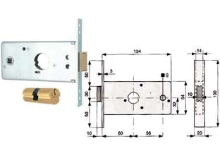 Serratura infilare per fasce caten. 1 mandata e scr. mm.64 h 288600 - mm.60 (288.60.0) - in acciaio zincato, con scatola e frontale da mm.20x3x130h. catenaccio a 1 mandata con scrocco incorporato in ottone con rich...