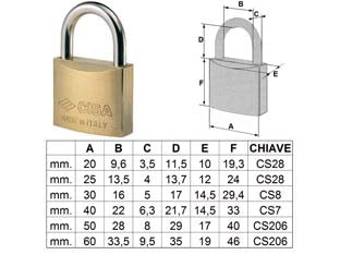 Lucchetto ottone arco normale 22010 - mm.20 (art.22010200) - corpo monoblocco in ottone smerigliato, arco in acciaio carbonitrurato nichelato, dotazione 2 chiavi