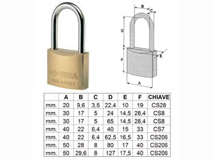 Lucchetto in ottone arco lungo lunghissimo 22011 - mm.20 (art.22011200) - corpo monoblocco in ottone smerigliato, arco in acciaio carbonitrurato nichelato, dotazione 2 chiavi