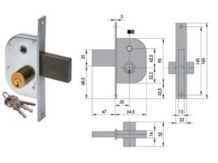 Serratura infilare per cancelli con quadro catenaccio e scrocco 42210 - mm.30 (42210300) - scatola e frontale in acciaio con rivestimento in zinco, catenaccio con scrocco incorporato a 1 mandata in acciaio, con quadr...