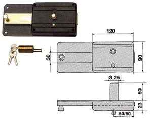 Ferroglietto con catenaccio 6 mandate con cilindro fisso 220cf - mm.50 (220/CF) - serrature di sicurezza da applicare per porte in ferro, catenaccio a 6 mandate e pomolo interno di sblocco, con cilindro fiss...