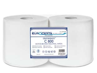Bobina carta a rotolo c800 - cm.25,5x25,5 - kg.2,4 - a due veli pura ovatta di cellulosa, goffrata, 800 strappi, colore bianco, idonea al contatto con alimenti secchi, umidi o gr...