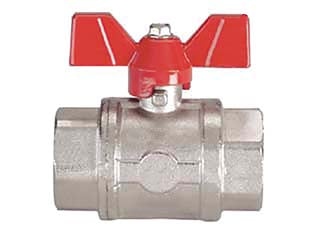 Valvola a sfera f/f con maniglia a farfalla - FF 1' - in ottone nichelato, direzione flusso: a passaggio totale nei due sensi adattata per impianti di circolazione di fluidi caldi...