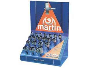 Espositore 20 frese a tazza hss martin-t - in hss vaporizzata, indicata per forare acciaio, ghisa, ferro, lamiera, fornita di albero e punta, ø mm.16-17-18-19-20-21-22-...