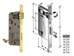 Serratura a bussola da infilare bordo quadro ottonato - mm.60 bordo acciaio ottonato - scatola in acciaio lucido, quadro maniglia mm.8 dotazione 1 chiave, interasse mm.90, frontale bordo quadro