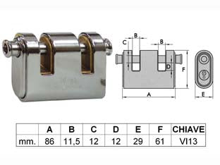 Lucchetto corazzato a due bocche panzer - mm.86 (art.4126) - corpo in ottone monoblocco, corazza mm.3 in acciaio temperato per alta resistenza al taglio, ramata, nichelata e cromata, 2 ...