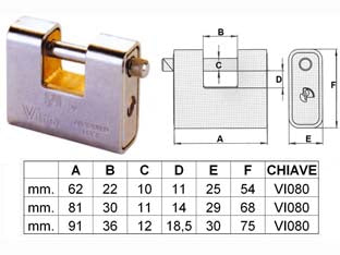 Lucchetto corazzato a una bocca fai by viro - mm.81 (art.4016) - corpo in ottone monoblocco, corazza mm.3 in acciaio temperato, ramata nichelata e cromata, barra di chiusura in acciaio ceme...