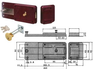 Ferroglietto con catenaccio 6 mandate cilindro staccato 55051 - mm.60 (55051601) - scatola e bocchetta in acciaio verniciato rosso amaranto, serratura da applicare per porte in legno, catenaccio in acciaio sm...