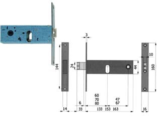 Serratura da infilare per fasce catenaccio e scrocco mm.44 h - mm.60 interasse mm.47 (390/F22) frontale mm.22 - scatola e coperchio in acciaio zincato e plastificato per montante a fascia, in acciaio nichelato e cromato, catenaccio e scr...