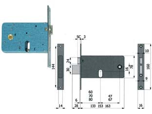 Serratura da infilare per fasce catenaccio e scrocco mm.78 h 870 - mm.80 interasse mm.67 (870) - scatola e coperchio in acciaio zincato e plastificato per montante a fascia, frontale da mm.16x3x160h. in acciaio nichelato e...