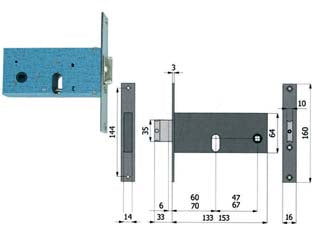Serratura da infilare per fasce catenaccio e scrocco mm.64 h - mm.60 interasse mm.47 (380) - scatola e coperchio in acciaio zincato e plastificato per montante a fascia, frontale da mm.16x3x160h. in acciaio nichelato e...