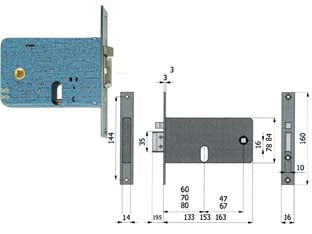 Elettroserratura infilare per fasce catenaccio e scrocco mm.84 h - mm.80 interasse mm.67 (877) - scatola e coperchio in acciaio zincato e plastificato per montante a fascia, frontale da mm.16x3x160h. in acciaio nichelato e...