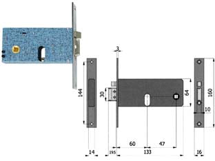 Elettroserratura infilare per fasce catenaccio e scrocco mm.64 h 388 - mm.60 interasse mm.47 (388) - scatola e coperchio in acciaio zincato e plastificato per montante a fascia, frontale da mm.16x3x160h. in acciaio nichelato e...