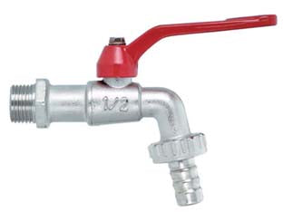 Rubinetto a sfera con maniglia a leva - M 1/2' con portagomma F 3/4' - in ottone nichelato dotato di rompigetto portagomma adatto per impianti di erogazione acqua e liquidi non aggressivi in parti...