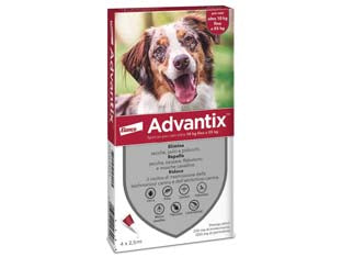 Antiparassitario advantix per cani da kg.10 a kg.25 - in conf. da 4 pipette SPOT-ON - per cani oltre Kg.10 fino a Kg.25, tripla azione con IMIDACLOPRID e PERMETRINA, antiparassitario per uso esterno, repelle ed ...