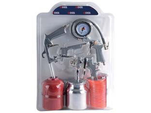 Kit aria compressa 5 pezzi con attacchi a baionetta - in alluminio composto da: pistola aerografo, lavaggio, soffiaggio, gonfiaggio, tubo spiralato con raccordi a baionetta