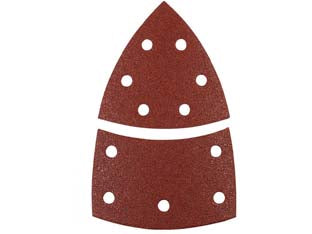 Fogli carta abrasiva triangolari a delta con velcro forati - grana 80 blister da pz.6 - mm.100x150 per levigatrice palmare a delta 11 fori, fissaggio a strappo (per PSM 80A)