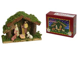 Presepe in legno piccolo - cm.20x6,5x14h. con 5 statuette in ceramica, confezionato in scatola illustrata