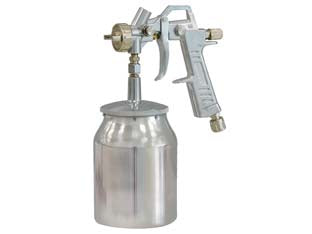 Aerografo serbatoio inferiore con attacco dado capettato - ugello mm.1,5 - corpo alluminio nichelato, spillo acciaio inox, ugello ottone, serbatoio inferiore metallo