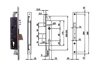 Serratura triplice infilare per montanti e pers. c/quadro e scr. 783 - mm.30 (783301IFZ) - scatola in acciaio verniciato, frontale mm.24x3x290h. in acciaio zincato, catenaccio rotante 1 mandata in acciaio nichelato, ...