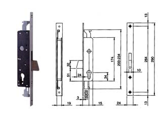 Serratura triplice infilare per montanti e persiane solo caten. 783 - mm.35 (783353IFZ) - scatola in acciaio verniciato, frontale mm.24x3x290h. in acciaio zincato, catenaccio rotante 1 mandata in acciaio nichelato f...