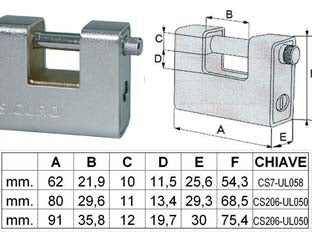 Lucchetto corazzato a una bocca - mm.90 - corpo monoblocco in ottone rivestito interamente da una corazza in acciaio cromato, cilindro con 3 chiavi a 5 spine