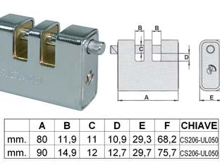 Lucchetto corazzato a due bocche - mm.90 - corpo monoblocco in ottone rivestito interamente da una corazza in acciaio cromato, cilindro con 3 chiavi a 5 spine