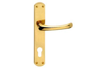 Maniglia rio con placca in ottone - mm.90 foro yale - in ottone lucido, quadro maniglia mm.8