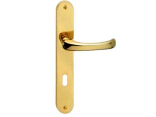 Maniglia rio con placca in ottone - mm.90 foro normale - in ottone lucido, quadro maniglia mm.8