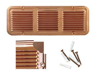 Griglia aerazione rettangolare in rame - cm.25x14h. - griglia con retina anti insetti in rame, imballate singolarmente in blister, completa di viti color rame e tasselli per il mo...