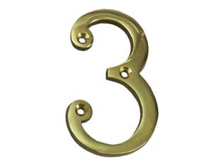 Numero civico 3 inglese in ottone lucido - mm.75h. numero civico 3, in ottone lucido con fori
