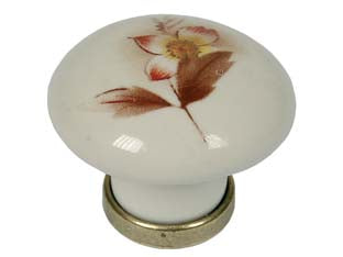 Pomoli tondi in porcellana mod.p04.01 avorio decoro fiore - ø mm.31x26h. - pomolo tondo in porcellana colore avorio con fiore , base ottone anticato