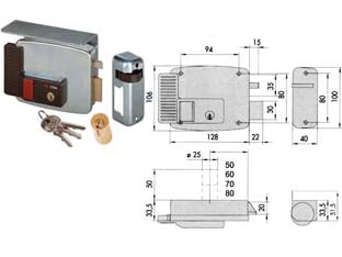 Elettroserratura per cancelli con tetto e pulsante interno 11731 - mm.70 DX (11731701) - scatola e bocchetta in acciaio con rivestimento in zinco, tensione 12v AC, scrocco autobloccante, apertura dall’interno con p...