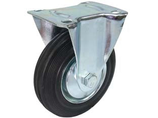 Ruote industriali fisse con piastra - ø mm.125 piastra mm.115x85 - ruote in gomma piena nera, con cuscinetti, nucleo ruota e supporto in lamiera stampata e zincata