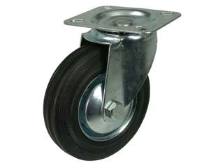 Ruote industriali in gomma con piastra girevole - ø mm. 85 piastra mm.100x80 - ruote in gomma piena nera, con cuscinetti, nucleo ruota e supporto in lamiera stampata e zincata