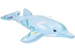 Delfino gonfiabile cavalcabile +3 anni - cm.175x66 - peso kg.0,80 (58535) - in vinile spessore mm.0,25, con 2 impugnature robuste, portata max kg.40, kit corredo di riparazione