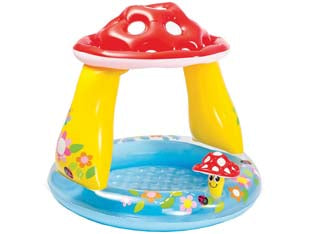 Piscina gonfiabile tonda fungo con parasole 1-3 anni - ø cm.102x89h. - peso kg.1,50 (57114) - in vinile spessore mm.0,25, con pavimento morbido gonfiabile, capienza d'acqua lt.45, kit corredo di riparazione