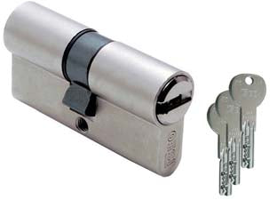 Cilindro europeo r6 880 - mm.85 decentrato (30x55) (880930559) - corpo e 3 chiavi in ottone nichelato a 6 spine, spina antitrapano nel corpo cilindro, CAMMA DIN 30° sporgente e vite mm.65