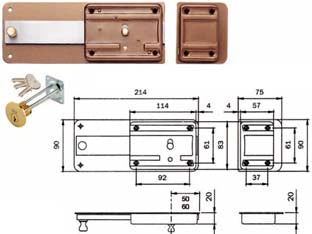 Ferroglietto con catenaccio 6 mandate con cilindro staccato 300 - mm.60 (300606) - scatola e bocchetta in acciaio verniciato, serratura da applicare per porte in legno, catenaccio a 6 mandate e pomolo interno...