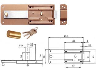 Ferroglietto p/ferro catenaccio 5 mandate scrocco cilindro fisso 3105 - mm.50 (310504500) - scatola e bocchetta in acciaio verniciato, serratura da applicare per porte in ferro, catenaccio a 5 mandate con scrocco inco...