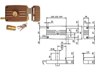 Serratura da portoncino catenaccio e scrocco doppio cil. fisso 431/432 - mm.70 DX 3 mandate (431703E) - scatola e bocchetta in acciaio verniciato, serratura da applicare per porte in legno, catenaccio con cilindro interno e scroc...